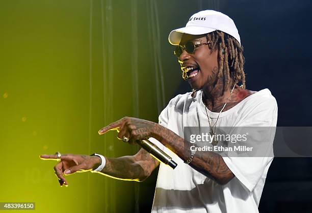 Rapper Wiz Khalifa performs at the Mandalay Bay Events Center during a stop of the Boys of Zummer tour on August 7, 2015 in Las Vegas, Nevada.
