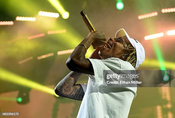 Rapper Wiz Khalifa performs at the Mandalay Bay Events Center during a stop of the Boys of Zummer tour on August 7, 2015 in Las Vegas, Nevada.