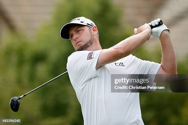 Troy Kelly hits a tee shot on the 10th hole during the second round of the Barracuda Championship at the Montreux Golf and Country Club on August 7,...