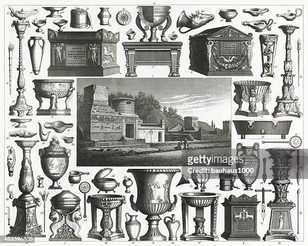 roman tombs and artifacts - baptismal font stock illustrations