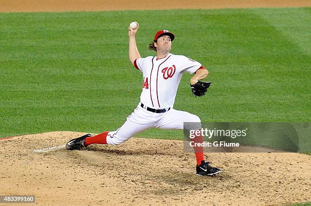 Casey Janssen of the Washington Nationals pitches against the Arizona Diamondbacks at Nationals Park on August 4, 2015 in Washington, DC.