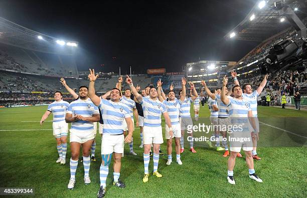 Argentina team celebrate after winning the Castle Lager Rugby Championship 2015 match between South Africa and Argentina at Growthpoint Kings Park on...