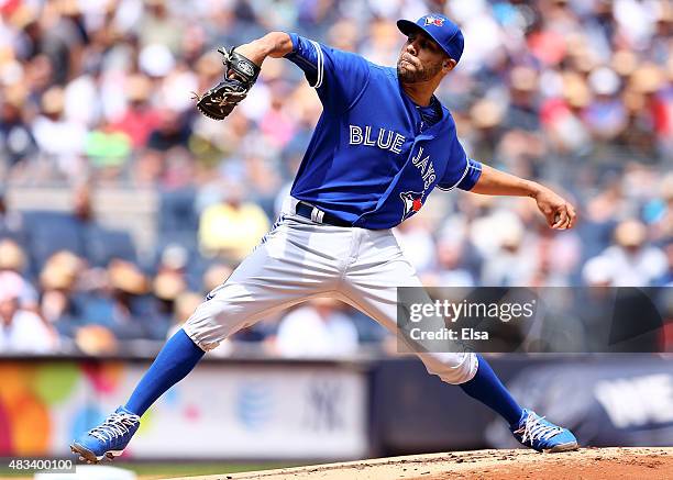 David Price of the Toronto Blue Jays delivers a pitch in the first inning against the New York Yankees on August 8, 2015 at Yankee Stadium in the...