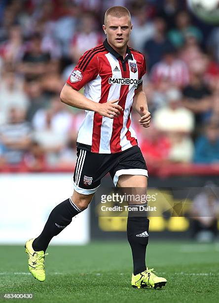 Jake Bidwell of Brentford in action during the Sky Bet Championship match between Brentford and Ipswich Town at Griffin Park on August 8, 2015 in...