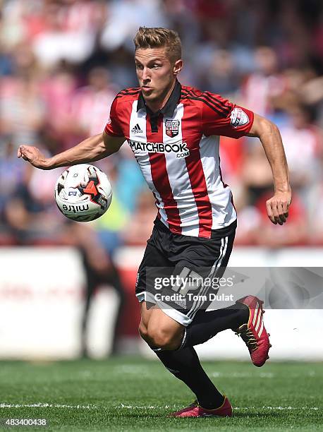 Konstantin Kerschbaumer of Brentford in action during the Sky Bet Championship match between Brentford and Ipswich Town at Griffin Park on August 8,...