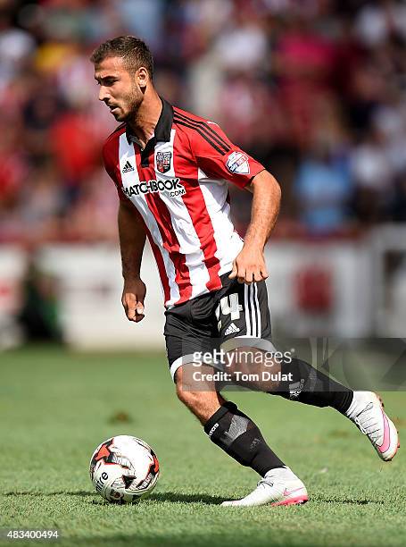 Andy Gogia of Brentford in action during the Sky Bet Championship match between Brentford and Ipswich Town at Griffin Park on August 8, 2015 in...