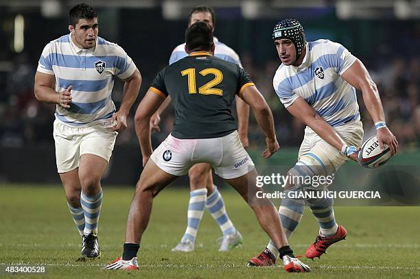 Argentina's lock Tomas Lavanini gest ready to clear the ball during the Rugby Championship Test match between South Africa and Argentina at Kings...