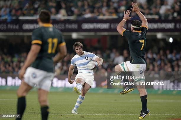 Argentina centre Marcelo Bosch kicks the ball during the Rugby Championship Test match between South Africa and Argentina at Kings Park stadium in...