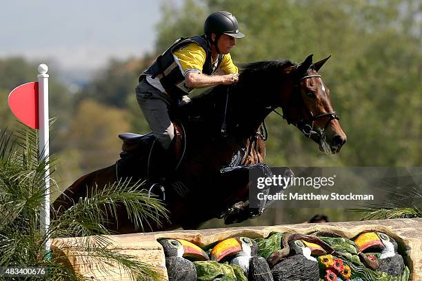 Luciano Drubi of Brazil, riding Raica Lu, competes in Cross Country during the Eventing Individual competition at the Olympic Equestrian Center at...