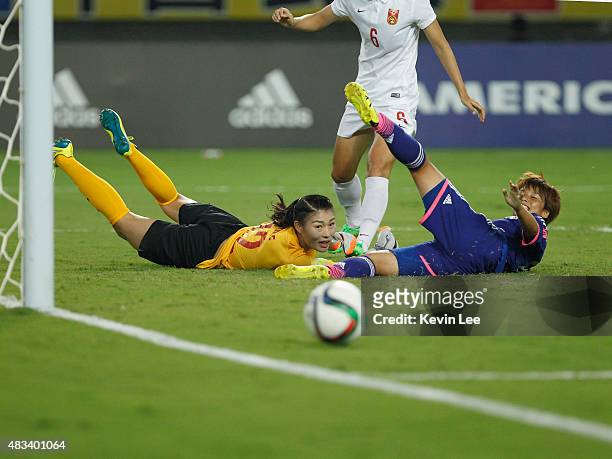 Wang Fei of China PR makes a save against Mina Tanaka of Japan during the EAFF East Asian Cup 2015 final round at the Wuhan Sports Centre Stadium on...