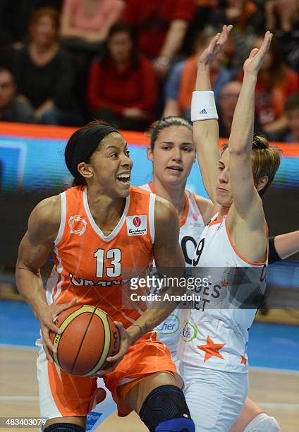 Candace Parker of UMMC Ekaterinburg vies with her opponent during the FIBA Euroleague Women Final Eight basketball match between Tango Bourges and...