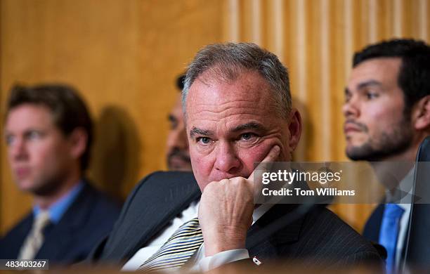 Sen. Tim Kaine, D-Va., listens to testimony from Secretary of State John Kerry, during a Senate Foreign Relations Committee hearing in Dirksen...