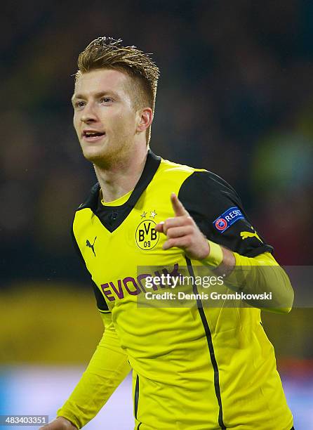 Marco Reus of Borussia Dortmund celebrates scoring his second goal during the UEFA Champions League Quarter Final second leg match between Borussia...