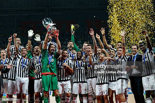 Gianluigi Buffon captain of Juventus FC, celebrates with teammates after winning the Italian Super Cup final football match between Juventus and...