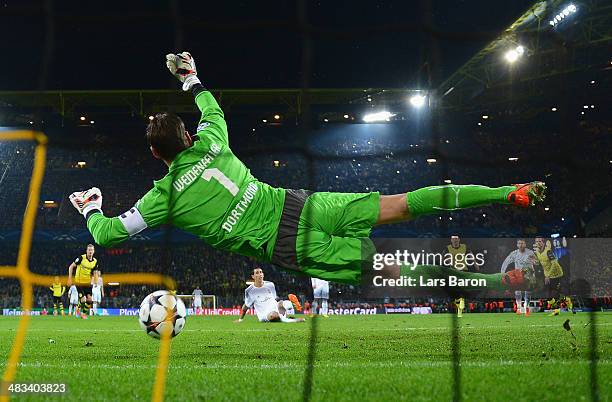 Angel Di Maria of Real Madrid takes his penalty which was saved by Roman Weidenfeller of Borussia Dortmund during the UEFA Champions League Quarter...