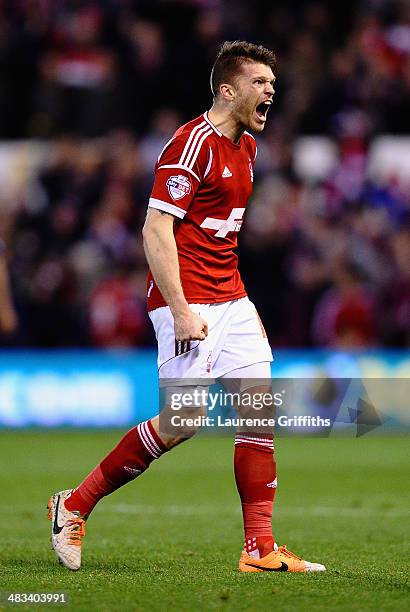 Jamie Mackie of Nottingham Forest celebrates scoring the equalising goal during the Sky Bet Championship match between Nottingham Forest and...