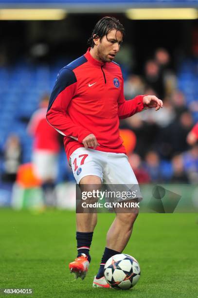 Paris' Brazilian defender Maxwell warms up before the UEFA Champions League quarter final second leg football match between Chelsea and Paris...