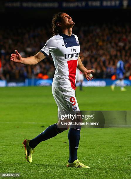 Edinson Cavani of PSG reacts after missing a chance on goal during the UEFA Champions League Quarter Final second leg match between Chelsea and Paris...