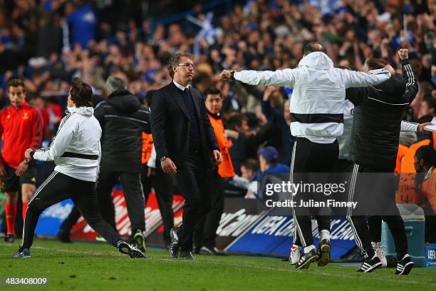 Dejected Head Coach Laurent Blanc of PSG reacts after Demba Ba of Chelsea scores Chelsea's secod goal during the UEFA Champions League Quarter Final...