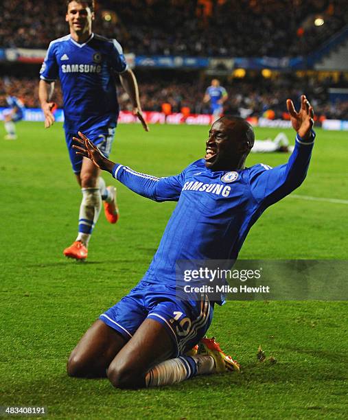 Demba Ba of Chelsea celebrates scoring their second goal during the UEFA Champions League Quarter Final second leg match between Chelsea and Paris...