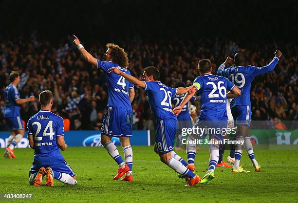 Gary Cahill, David Luiz, Cesar Azpilicueta, John Terry and Demba Ba of Chelsea celebrate victory as the final whistle is blown during the UEFA...