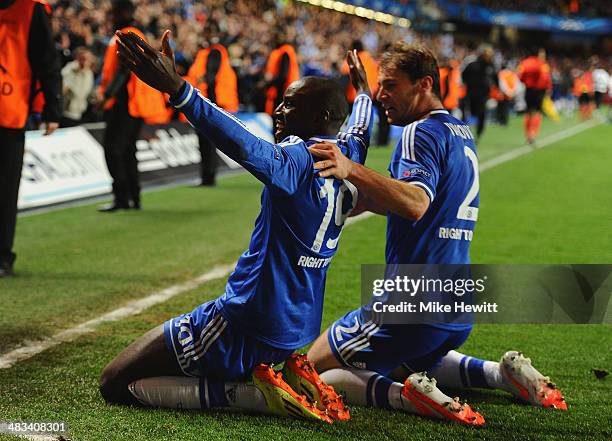 Demba Ba of Chelsea celebrates scoring their second goal with Branislav Ivanovic of Chelsea during the UEFA Champions League Quarter Final second leg...