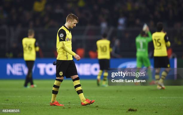 Marco Reus of Borussia Dortmund looks dejected after the UEFA Champions League Quarter Final second leg match between Borussia Dortmund and Real...