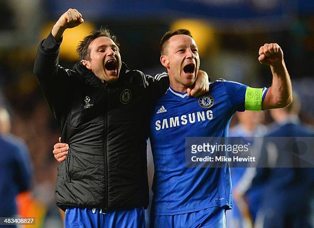 Frank Lampard and John Terry of Chelsea celebrate victory during the UEFA Champions League Quarter Final second leg match between Chelsea and Paris...