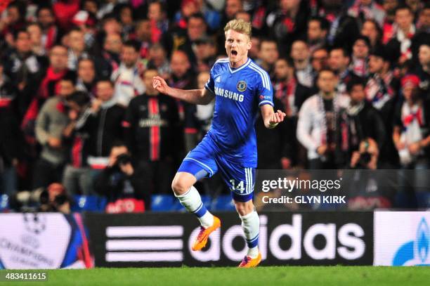 Chelsea's German striker Andre Schurrle celebrates scoring the opening goal during the UEFA Champions League quarter final second leg football match...