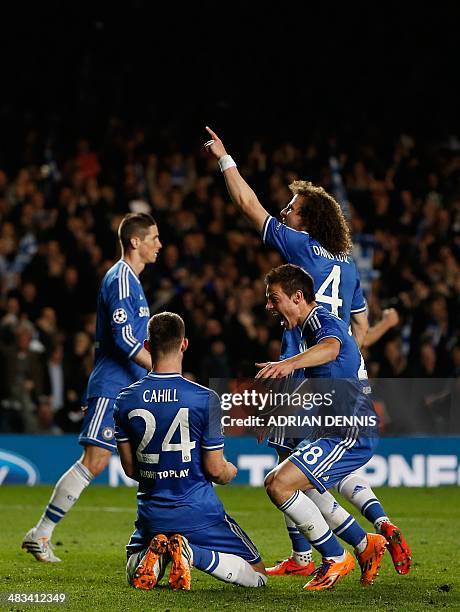 Chelsea's English defender Gary Cahill, Chelsea's Spanish defender Cesar Azpilicueta and Chelsea's Brazilian defender David Luiz celebrate after the...