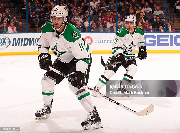 Dustin Jeffrey of the Dallas Stars skates against the St. Louis Blues during an NHL game on March 29, 2014 at Scottrade Center in St. Louis, Missouri.