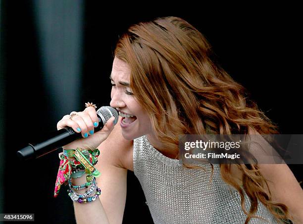 Musician Mandy Lee of MisterWives performs at the Lands End Stage during day 2 of the 2015 Outside Lands Music And Arts Festival at Golden Gate Park...