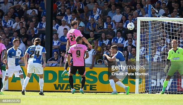 John-Joe O'Toole of Northampton Town rises to head his sides goal during the Sky Bet League Two match between Bristol Rovers and Northampton Town at...