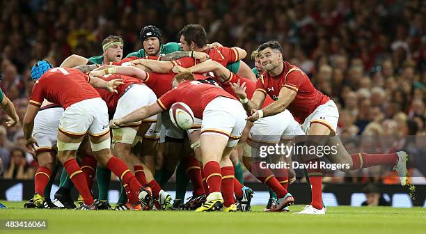 Mike Phillips of Wales passes the ball during the International match between Wales and Ireland at the Millennium Stadium on August 8, 2015 in...