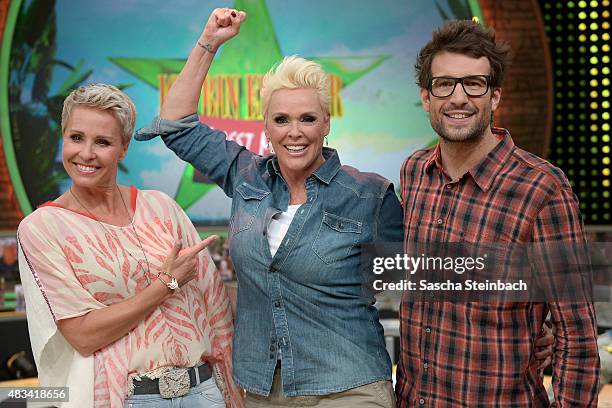 Sonja Zietlow, Brigitte Nielsen and Daniel Hartwich pose after the final of the television show 'Ich bin ein Star - lasst mich wieder rein!' on...