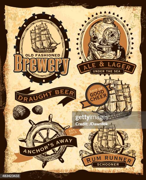 old fashioned maritimen bier label - sailing ship stock-grafiken, -clipart, -cartoons und -symbole