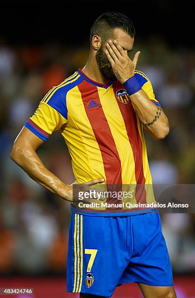 Alvaro Negredo of Valencia reacts at the end during the pre-season friendly match between Valencia CF and AS Roma at Estadio Mestalla on August 8,...