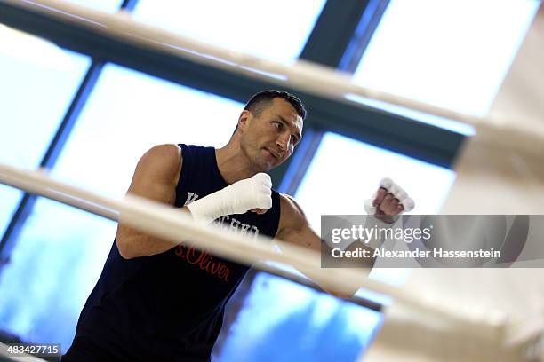 Wladimir Klitschko of Ukraine punches during a training session at Hotel Stanglwirt on April 8, 2014 in Going, Austria. Wladimir Klitschko will...