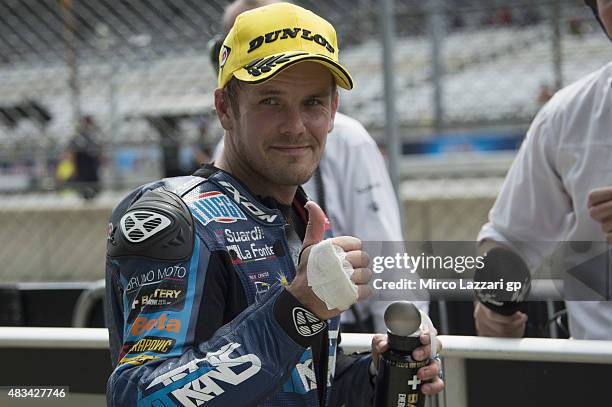 Mika Kallio of Finland and Italtrans Racing Team celebrates at the end of the qualifying practice during the MotoGp Red Bull U.S. Indianapolis Grand...