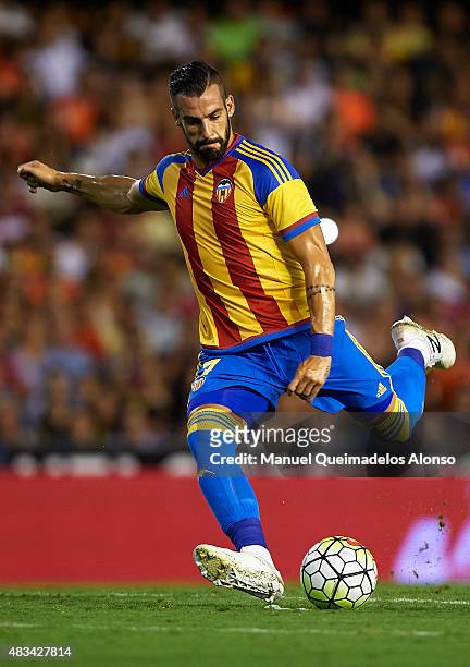 Alvaro Negredo of Valencia in action during the pre-season friendly match between Valencia CF and AS Roma at Estadio Mestalla on August 8, 2015 in...
