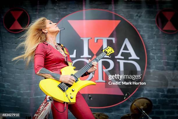 Lita Ford performs on Day 2 of the Heavy Montreal Festival at Parc Jean-Drapeau on August 8, 2015 in Montreal, Canada.