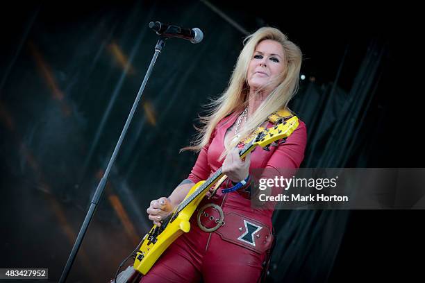 Lita Ford performs on Day 2 of the Heavy Montreal Festival at Parc Jean-Drapeau on August 8, 2015 in Montreal, Canada.