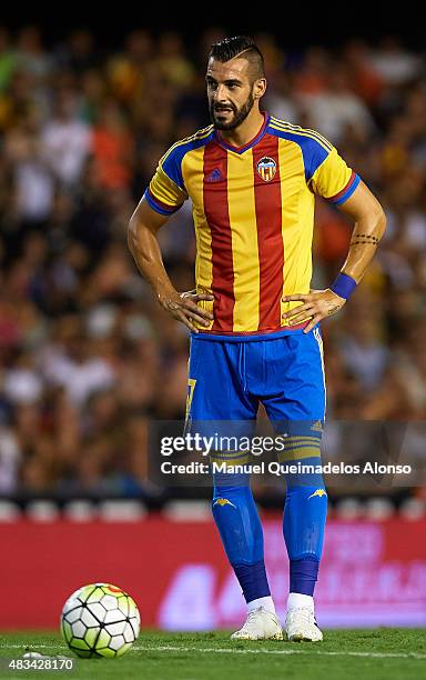 Alvaro Negredo of Valencia reacts during the pre-season friendly match between Valencia CF and AS Roma at Estadio Mestalla on August 8, 2015 in...