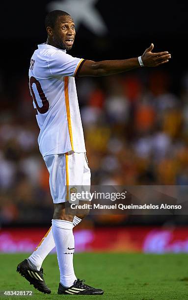 Seydou Keita of Roma reacts during the pre-season friendly match between Valencia CF and AS Roma at Estadio Mestalla on August 8, 2015 in Valencia,...