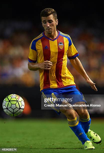 Jose Gaya of Valencia in action during the pre-season friendly match between Valencia CF and AS Roma at Estadio Mestalla on August 8, 2015 in...