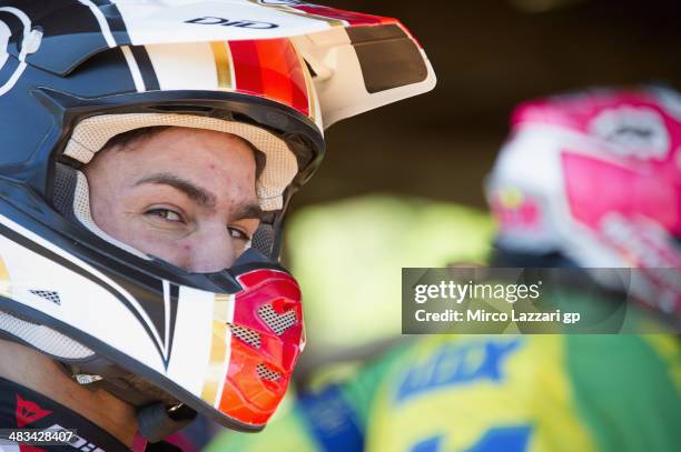 Mattia Pasini of Italy and NGM Forward Racing looks on during the "Meeting with friends and Colin Edwards of USA" in Texas Tornado Boot Camp on April...