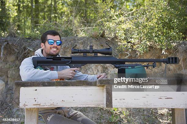 Simone Corsi of Italy and NGM Forward Racing smiles with gun during the "Meeting with friends and Colin Edwards of USA" in Texas Tornado Boot Camp on...
