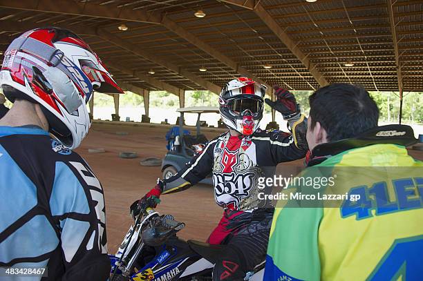 Mattia Pasini of Italy and NGM Forward Racing speaks during the "Meeting with friends and Colin Edwards of USA" in Texas Tornado Boot Camp on April...