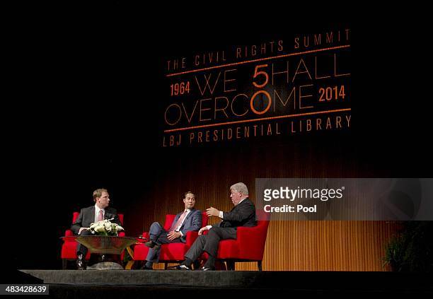 From left, Moderator Brian Sweany, Senior Executive Editor at Texas Monthly, left, and Mayor of San Antonio, Julian Castro, center, listens to former...
