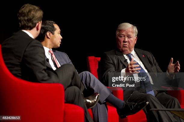 From left, Moderator Brian Sweany, Senior Executive Editor at Texas Monthly, left, and Mayor of San Antonio, Julian Castro, center, listens to former...